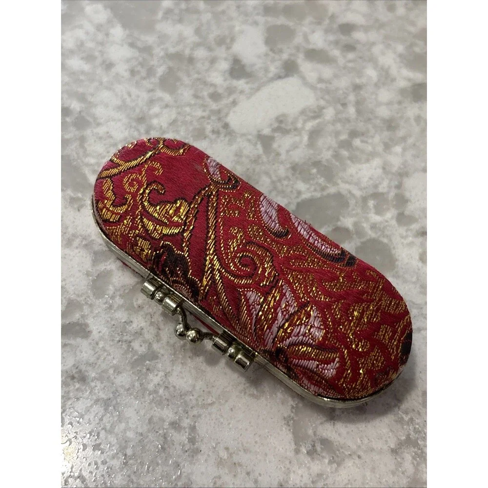 VTG Floral Lipstick Case with Mirror, Gold Trim, Red Velvet Interior New